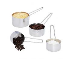 Relaxdays Standard Messbecher Set 4 TLG, Edelstahl, Messlöffel Cup mit Griff, spülmaschinenfest, US-Größen, ml Angaben, Silber