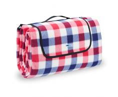Relaxdays Picknickdecke Fleece, wasserdichte Stranddecke, wärmeisoliert, mit Tragegriff, XXL 200x200cm, rot-blau kariert