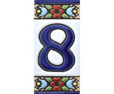 Hausnummer. Schilder mit Zahlen und Nummern auf Keramikkachel. Handgemalte Kordeltechnik fuer Schilder mit Namen, Adressen und Wegweisern. Design FLORES MINI 7,3 cm x 3,5 cm (Nummer ACHT8).