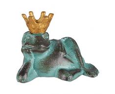 Relaxdays Gartenfigur Froschkönig, wetterfest, liegender Frosch, mit Krone, Dekofigur, Balkon, Gusseisen, Größe M, grün