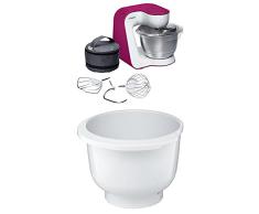 Bosch MUM54P00 Küchenmaschine StartLine, 900 W, 3,9 L Edelstahl-Rührschüssel, 3D Rührsystem, 7 Schaltstufen, weiß / wild purple + MUZ5KR1 Kunststoff-Rührschüssel für Küchenmaschine Mum5
