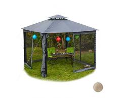 Relaxdays Deluxe Pavillon 3x3, Gartenpavillon, Seitenwände mit Reißverschluß, Moskitonetz, wasserabweisendes Dach, grau