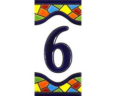 Hausnummer. Schilder mit Zahlen und Nummern auf Keramikkachel. Handgemalte Kordeltechnik fuer Schilder mit Namen, Adressen und Wegweisern. Design MOSAICO MEDIANO 10,9cm x 5,4 cm (Nummer SECHS6)