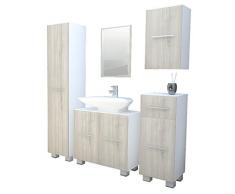 VCM Badmöbel Set 5-tlg Komplettset Bad Badezimmer Schrank Unterschrank Spiegel weiÃ/eiche sägerau Carlos mit StandfüÃe