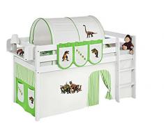 Lilokids Spielbett Jelle Dinos, Hochbett mit Vorhang Kinderbett, Holz, grün / beige, 198 x 98 x 113 cm