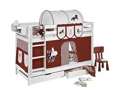 Lilokids Etagenbett Jelle TÃV und GS geprüft Pferde, Hochbett mit Vorhang und Lattenroste Kinderbett, Holz, braun / beige, 208 x 98 x 150 cm