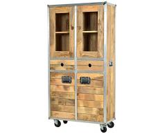 SIT-Möbel 2204-01 Vitrine Roadies, Mangoholz unbehandelt, naturfarben mit Alu beschlagen auf Gummirollen, 2 Glastüren, 2 Holztüren, 2 Schubladen, 1 Einlegeboden hinter den Glastüren, 90 x 40 x 180 cm