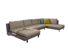 Cavadore Wohnlandschaft Loungines / Sofa in U-Form mit Bett und Stauraum im jungen und modernen Design / Eleganter Matrialmix aus zwei Flachgeweben (Strukturstoffen) in unterschiedlich grober Verarbeitung / Inkl. Sechs Rückenkissen