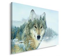 Feeby, Leinwandbild, Bilder, Wand Bild, Wandbilder, Kunstdruck 30x40cm, BOHO, SCANDI, WOLF, DOPPELTE BELICHTUNG, WINTER, HOLZ, WEIÃ, GRAU