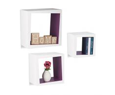 Relaxdays Wandregal 3er Set quadratisch 25cm Tiefe Bücher CDs DVDs Wohnzimmer Kinderzimmer Deko,weiÃ-violett