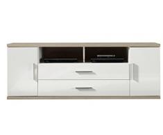 trendteam Wohnzimmer Lowboard Fernsehschrank Fernsehtisch Arena, 150 x 55 x 47 cm in Korpus Weià Front Weià Hochglanz, Ober- und Unterboden Eiche Sägerau hell mit offenen Fächern und viel Stauraum