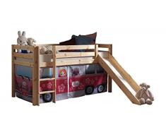 VIPACK PICOHSGB1071 Spielbett Pino mit Rutsche und Textilset Flower-Bus, MaÃe 210 x 114 x 218 cm, Liegefläche 90 x 200 cm, Kiefer massiv natur lackiert