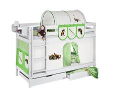 Lilokids Etagenbett Jelle TÃV und GS geprüft Dinos, Hochbett mit Vorhang und Lattenroste Kinderbett, Holz, grün / beige, 208 x 98 x 150 cm