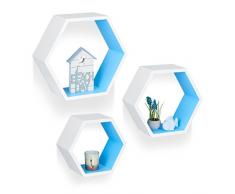 Relaxdays Wandregale sechseckig, Hängeregale 3er Set, freischwebende Dekoregale, Holzregale Kinderzimmer, MDF, weiÃ/blau