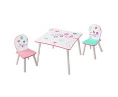 Worlds Apart Blumen und Vögel-Set aus Tisch und 2 Stühlen für Kinder, Holz, White and Pink, 63 x 63 x 52.5 cm