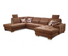 Cavadore Wohnlandschaft Puccino mit Federkern, Schlaffunktion, verstellbarer Rückenlehne und 2 Kopfstützen, Sofalandschaft in U-Form im Landhaus-Design, 340 x 86 x 224 cm, Mikrofaser hellbraun