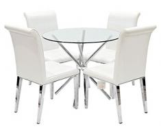 Febland Chrom Criss-Cross-Basis Esstisch und 4 Kirkland Esszimmerstühle, Glas, WeiÃ, 74 x 90 x 90 cm