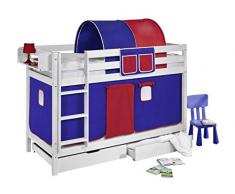 Lilokids Etagenbett Jelle TÃV und GS geprüft, Hochbett mit Vorhang und Lattenroste Kinderbett, Holz, blau / rot, 208 x 98 x 150 cm