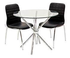 Febland Chrom Criss-Cross Base Esstisch und 2 Chequers Esszimmerstühle, Glas, Schwarz, 74 x 90 x 90 cm