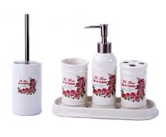 GMMH Landhaus Vintage BADSET Rosen Badezimmer ZUBEHÖR Set SEIFENSPENDER WC BÜRSTE Keramik (5er Set)