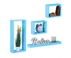 Relaxdays Wandregal 4er Set, Cube Regale Holz, Regalbrett freischwebend, stabile Hängeregale Kinderzimmer, MDF, blau