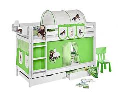 Lilokids Etagenbett Jelle TÃV und GS geprüft Pferde, Hochbett mit Vorhang und Lattenroste Kinderbett, Holz, grün / beige, 208 x 98 x 150 cm