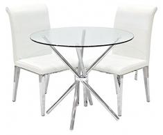 Febland Chrom Criss-Cross-Basis Esstisch und 2 Kirkland Esszimmerstühle, Glas, WeiÃ, 74 x 90 x 90 cm