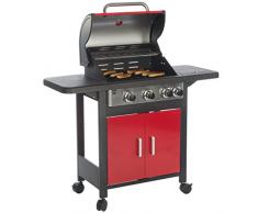 Barbec-U Profi Gasgrill 3 + 1, Grillwagen, Grillstation mit 3 Hauptbrennern und Seitenkocher, Camping Gasgrill und BBQ-Station, fahrbar, mit Piezozündung, rot, 109 x 115 x 43,5 cm