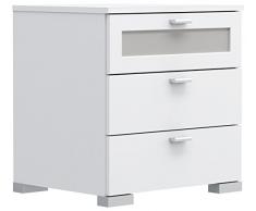 NEWFACE Nachtkommode Nachttisch mit 2 Schubkästen und 1 Glasschubkasten, Holzwerkstoff, Weiß matt, 50,4 x 41,2 x 52,7 cm