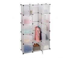 Relaxdays Regalsystem Kleiderschrank mit 11 Fächern, Garderobe mit 2 Kleiderstangen, Kunststoff Steckregal, transparent