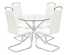 Febland Chrom Criss-Cross-Basis Esstisch und 4 Griff Esszimmerstühle, Glas, WeiÃ, 74 x 90 x 90 cm