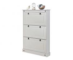 LifeStyleDesign Schuhschrank Mitchell 3 Klappen, Holz, WeiÃ, 88 x 19 x 135 cm