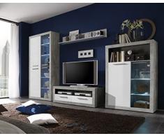 Stella Trading Wohnwand Stone 89-671-D5 Romance, Holzdekor, Beton / Weià Glanz, 304 x 194 x 408 cm