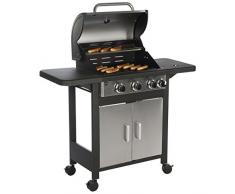 Barbec-U Profi Gasgrill 3 + 1, Grillwagen, Grillstation mit 3 Hauptbrennern und Seitenkocher, Camping Gasgrill und BBQ-Station, fahrbar, mit Piezozündung, silber, 109 x 115 x 43,5 cm