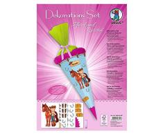 Dekorationsset Pferd und Reiterin, 4 Bogen Bastelkarton DIN A4, beidseitig bedruckt, vorgestanzt, genutet, zum Dekorieren einer Schultüte, teilweise veredelt, mit Satinband