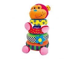 Steck-Affe aus kuschelweichem Stoff, im Kopf und den vier bunten Ringen sind Rassel, Quietscher und Knisterfolie enthalten, fördert die motorischen und sensorischen Fertigkeiten ab der Geburt