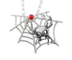 Widmann 9377N, Halskette Spinnennetz und Spinne mit eingearbeitetem Totenkopf und Edelstein für Halloween
