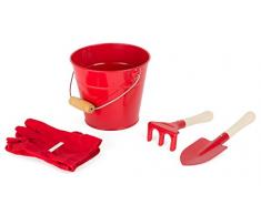 Small Foot 10837 Kinder-Gartenwerkzeug im Eimer inkl. Harke, Schaufel und Handschuhen aus Metall mit Holzstiel, Gartenhelfer-Set für kleine Gärtner, Rollenspielzeug für Spielspaß an der frischen Luft