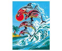 MAMMUT 105034 - Malen nach Zahlen Tiermotiv, Delfine, Komplettset mit bedruckter Malvorlage im A4 Format, 7 Acrylfarben und Pinsel, Malset für Kinder ab 8 Jahre