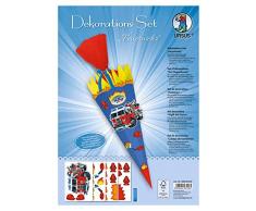 Dekorationsset Feuerwehr, 4 Bogen Bastelkarton DIN A4, beidseitig bedruckt, vorgestanzt, genutet, zum Dekorieren einer Schultüte, teilweise veredelt, mit Satinband