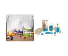 Goki 51746 - Puppenmöbel Kinderzimmer & 51903 - Badezimmer Puppenhausmöbel , 17-teilig