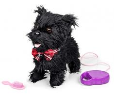Animigos Scurrying Scotty, süßer schwarzer Plüschhund, Terrier mit roter Fliege, ca. 22 cm groß, kann laufen und bellen, mit Bürste und Leine, für Kinder ab 18 Monaten