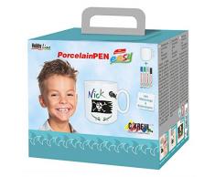 Kreul 16361 - PorcelainPen easy Tassenset für Jungen, Tasse weiß, 3 Porzellanmalstifte mit Pinselspitze in blau, grün und grau, Stift mit Feinspitze für Konturen, Motivvorlage und Kopierpapier