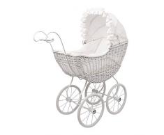 Puppenwagen „Evelin“ aus Rattangeflecht, mit Metallgestell und Speichenrädern, wunderschönes Design in einem strahlenden Weiß, ein edler Wagen für alle Puppenmuttis ab 3 Jahren