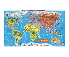 Janod J05503 Puzzle Magnetische Landkarte Die Welt aus Holz 92 Teile, Spanisch
