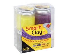 Idena 40277 - Smart Clay, schlaue Knete mit spannenden Eigenschaften in luftdichten Bechern, 4er Set mit je ca. 70 g in glitzernden Farben, gelb, orange, lila und silber
