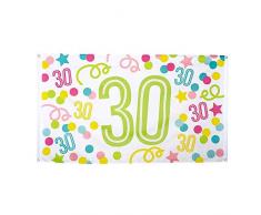 Boland 31134 - Dekorationsfahne Zahl 30, 1 Stück, Größe 90 x 150 cm, Geburtstag, Konfetti, Luftschlangen, mehrfarbig, Polyester, Banner, Wanddekoration, Jubiläum, Hängedekoration, Dekoration
