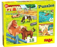 HABA 305237 - Puzzles Bauernhoftiere, 3 Puzzles mit 12, 15 und 18 Teilen und unterschiedlichen Tiermotiven, Puzzle ab 3 Jahren