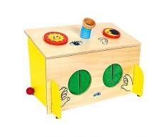 Fühl-Box aus Holz, Sinnesspiel schult spielerisch den Tast- Hör- und Sehsinn mit Öffnungen für die Hände, Prismalinsen für die Augen und einem Trichter für die Ohren, für Kinder ab 3 Jahren