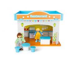 small foot 10852 Spielhaus Restaurant aus Holz, mit 2 Puppenfiguren, Zubehör und abnehmbarem Dach, ab 3 Jahren